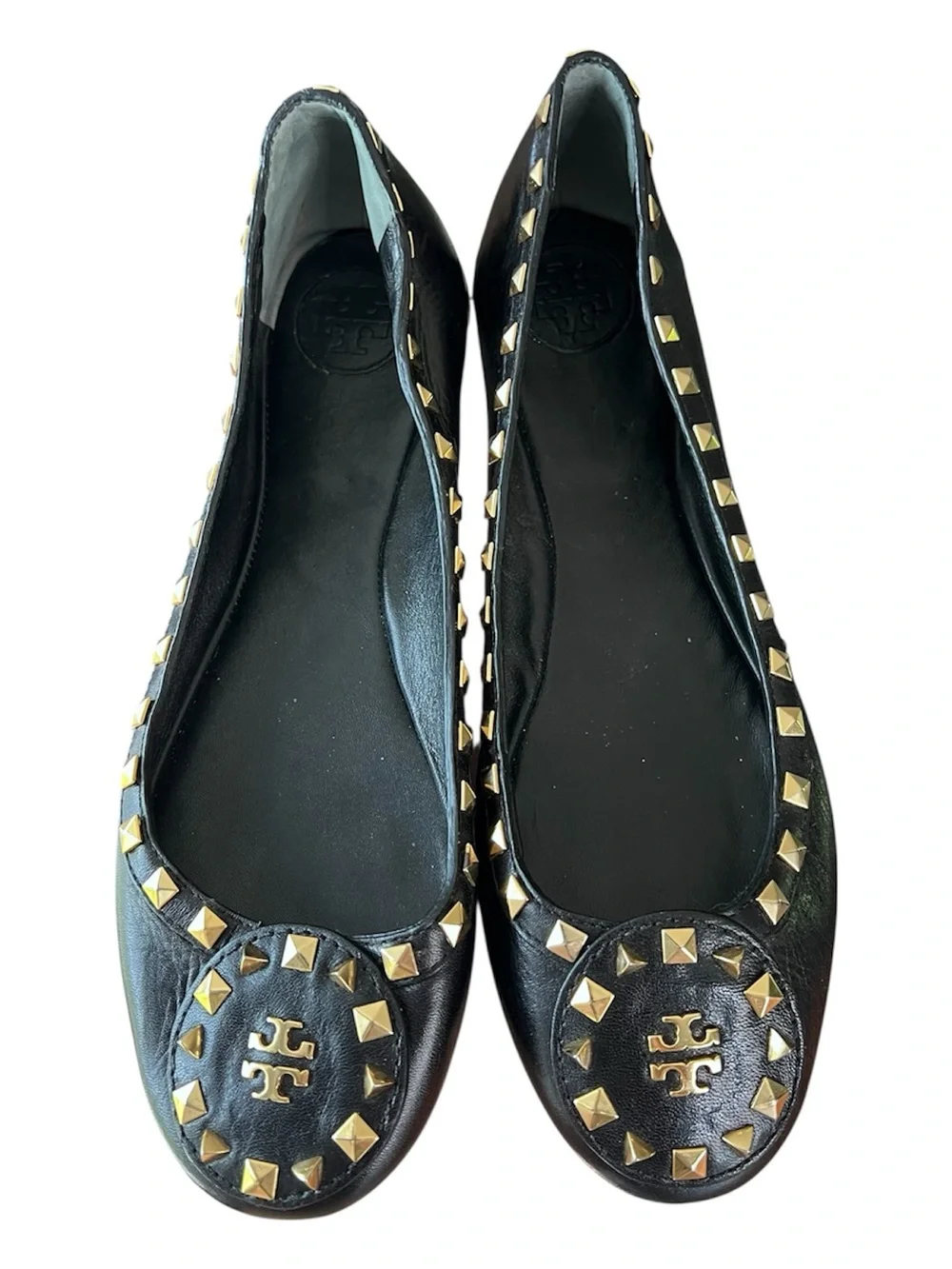 Tory Burch Dale Gold Studded Black Leather Ballet Flats Size 10